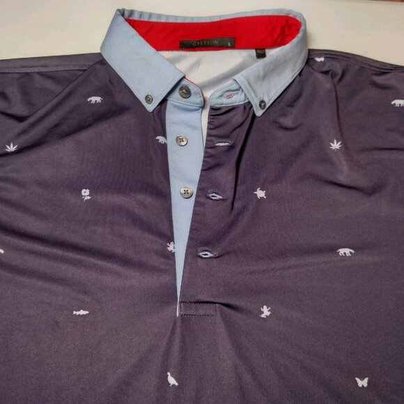 Greyson Polo Shirt Large Blue Short Sleeve Butterfly Frog Pot Leaf Turtle Bear - Picture 12 of 15